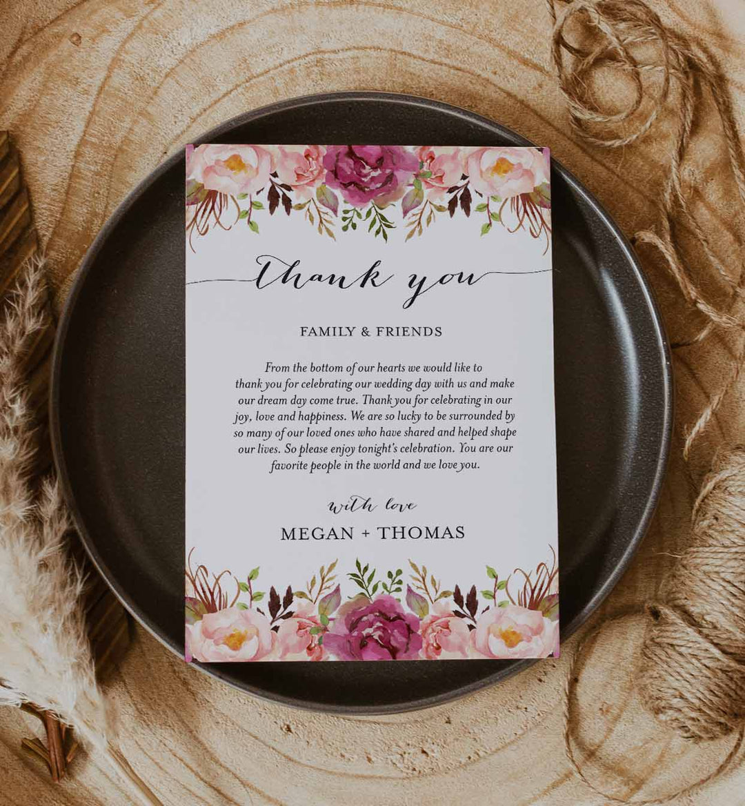 Pink Floral Wedding Thank You Note Printable