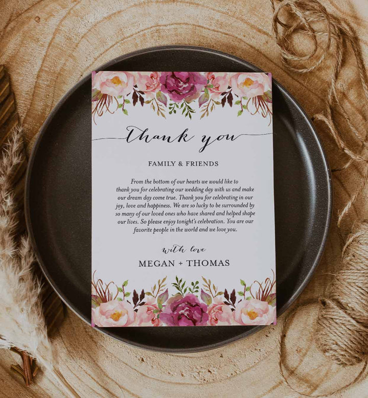 Pink Floral Wedding Thank You Note Printable