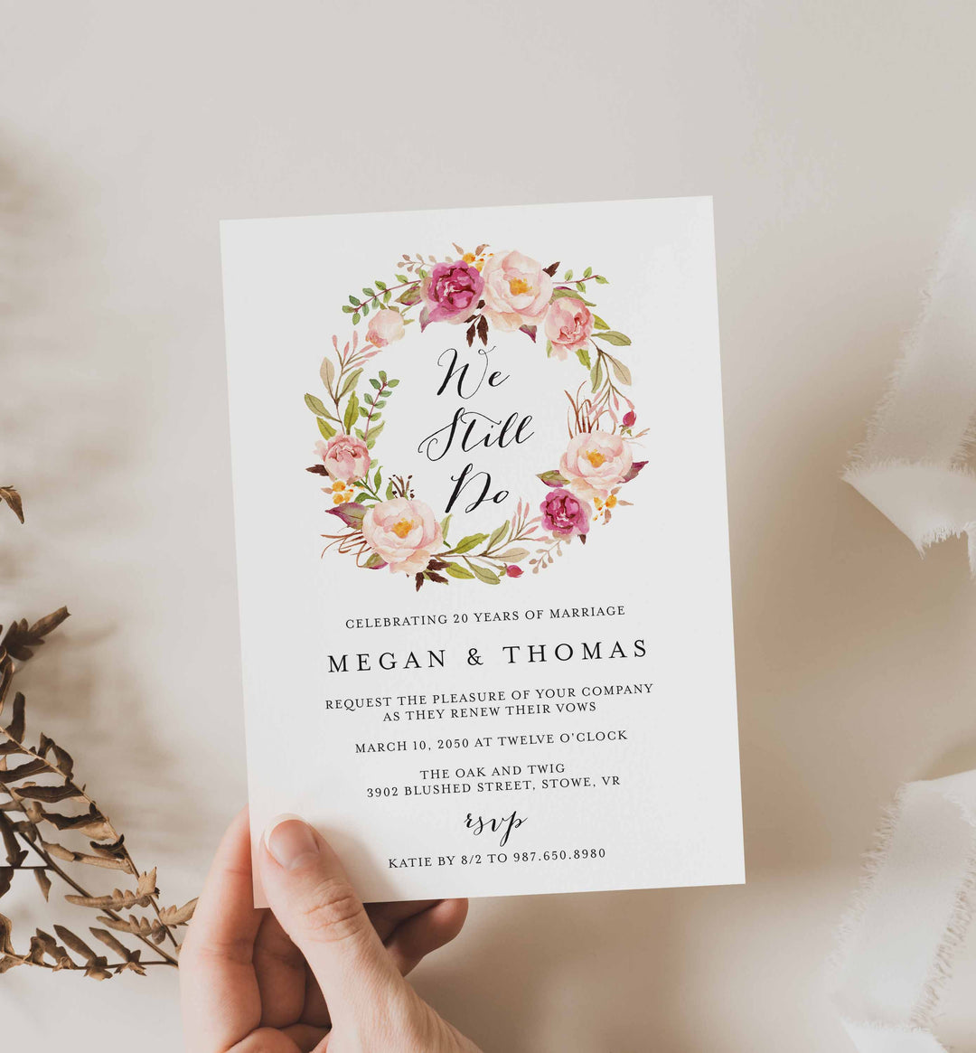 Pink Floral Wedding Vow Renewal Invitation Printable