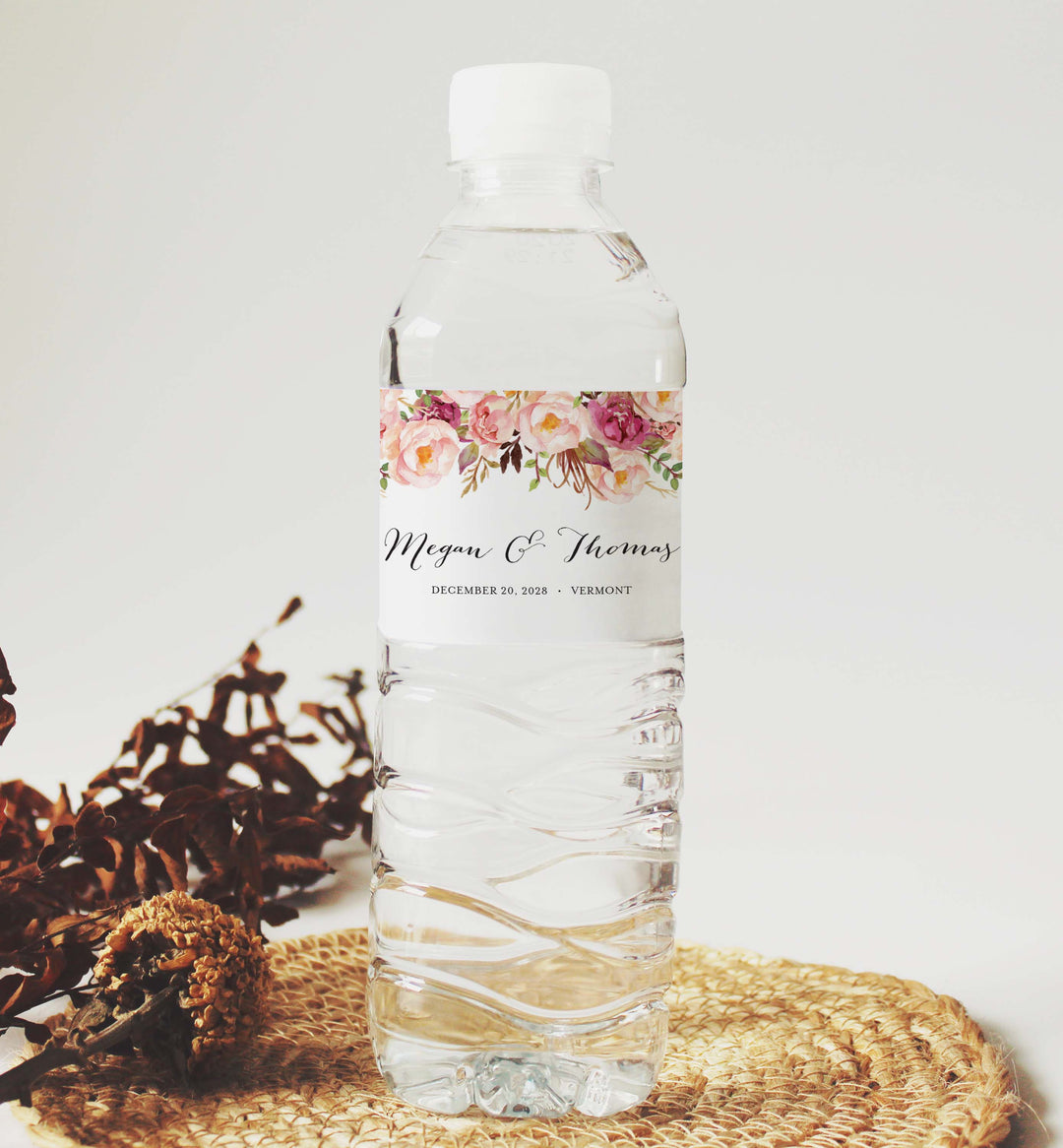 Pink Floral Wedding Water Bottle Label Printable