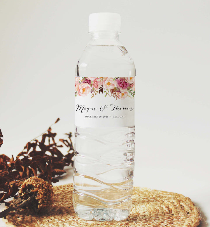 Pink Floral Wedding Water Bottle Label Printable