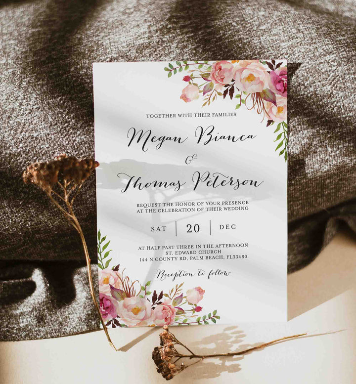 Pink Floral Wedding Invitation Printable