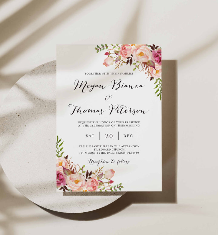 Pink Floral Wedding Invitation Printable