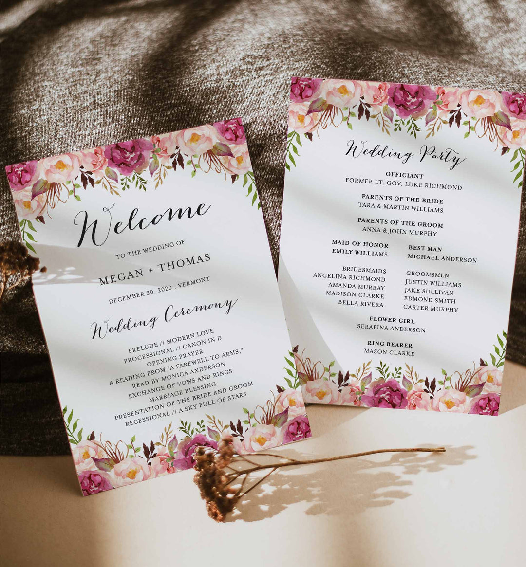 Pink Floral Fan Wedding Program Printable