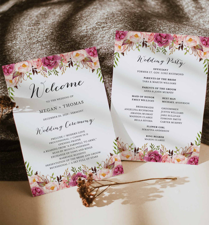 Pink Floral Fan Wedding Program Printable