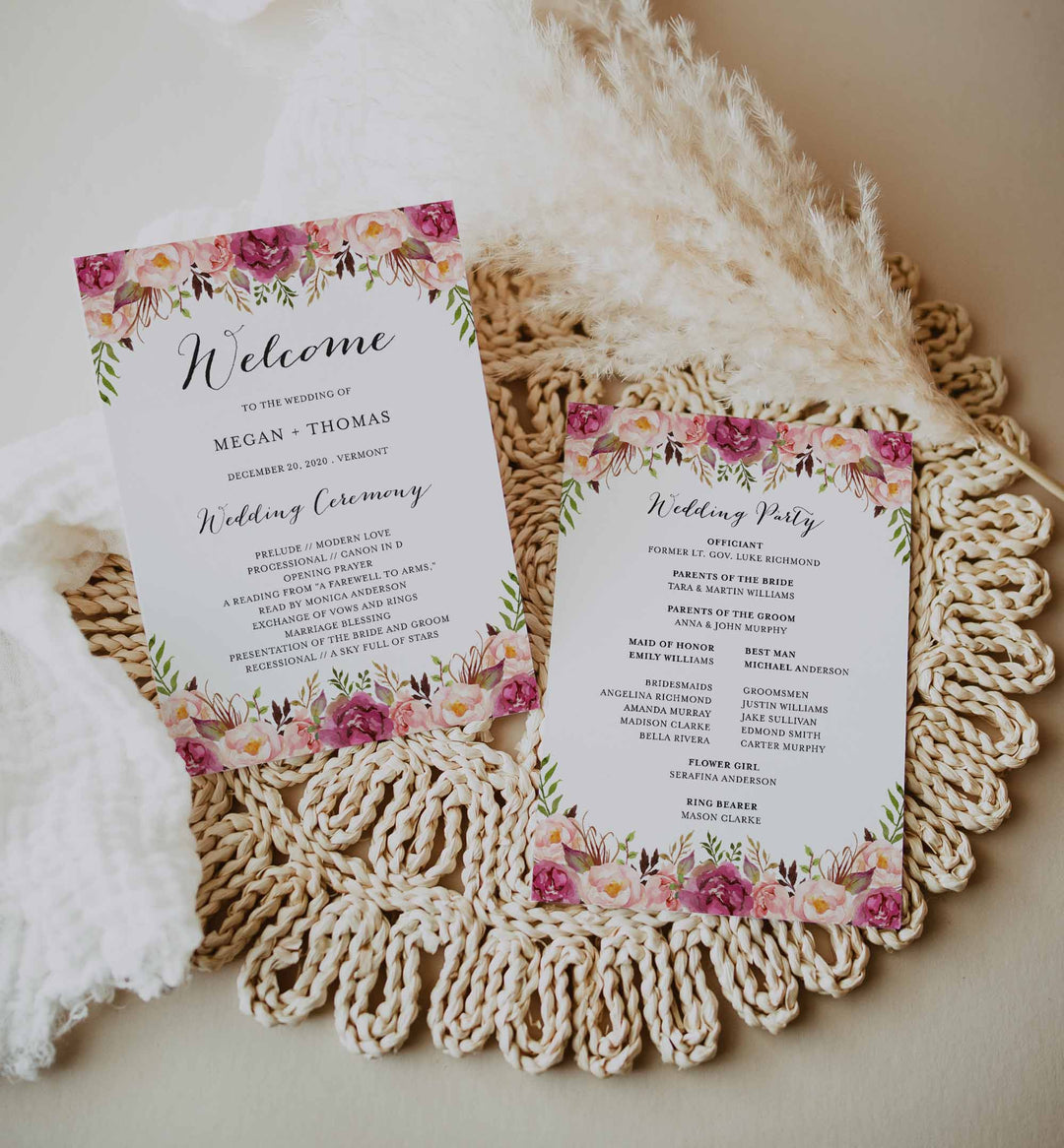 Pink Floral Fan Wedding Program Printable