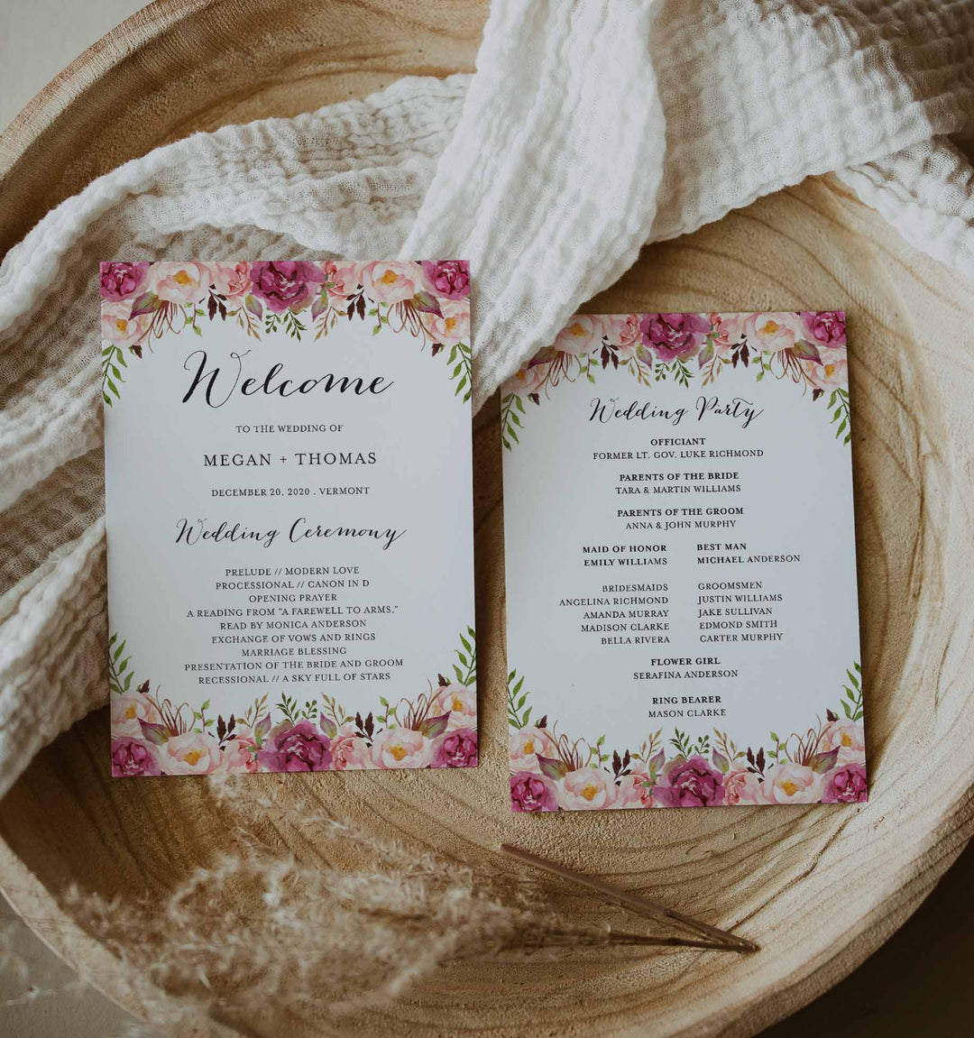Pink Floral Fan Wedding Program Printable