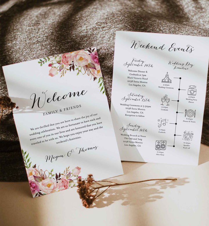 Pink Floral Wedding Welcome Bag Letter and Timeline or Itineraries Printable