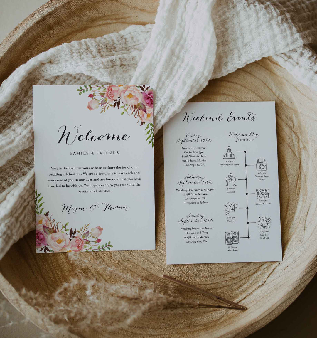 Pink Floral Wedding Welcome Bag Letter and Timeline or Itineraries Printable