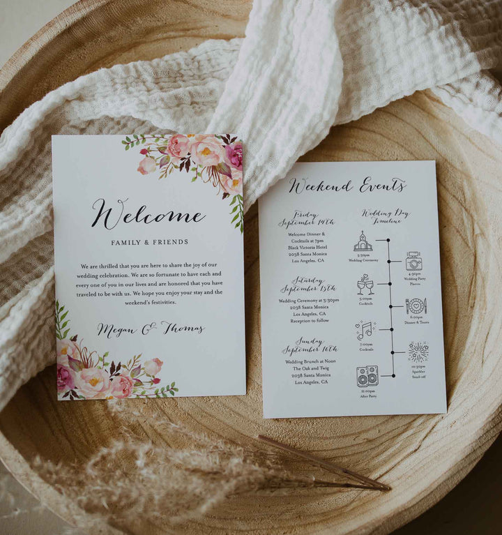 Pink Floral Wedding Welcome Bag Letter and Timeline or Itineraries Printable