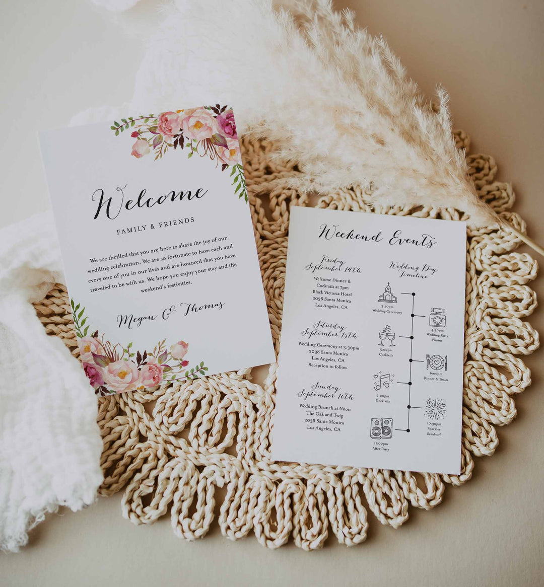 Pink Floral Wedding Welcome Bag Letter and Timeline or Itineraries Printable
