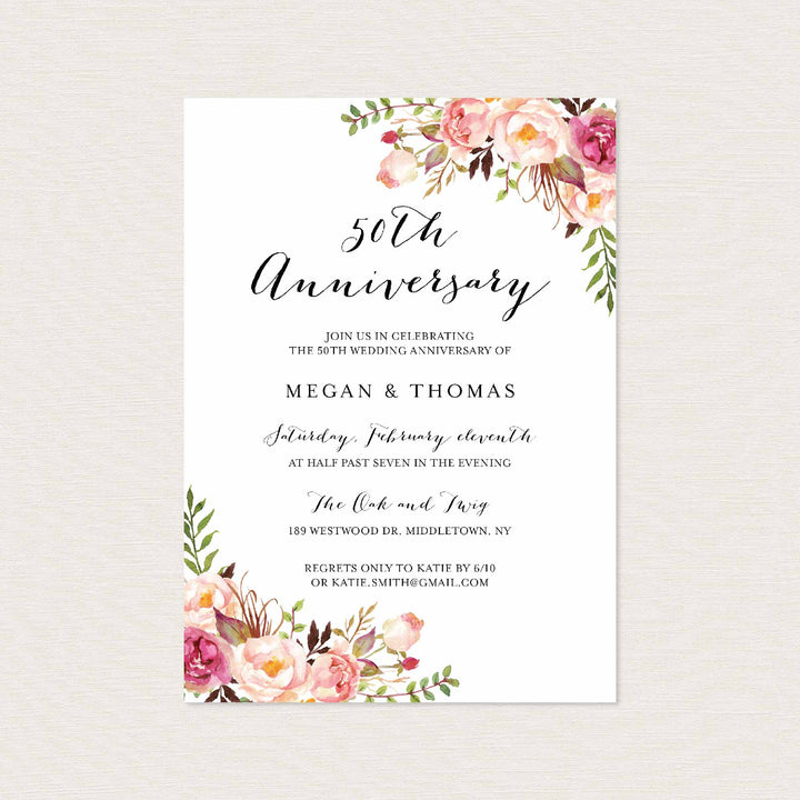 Pink Floral Wedding Anniversary Invitation Printable