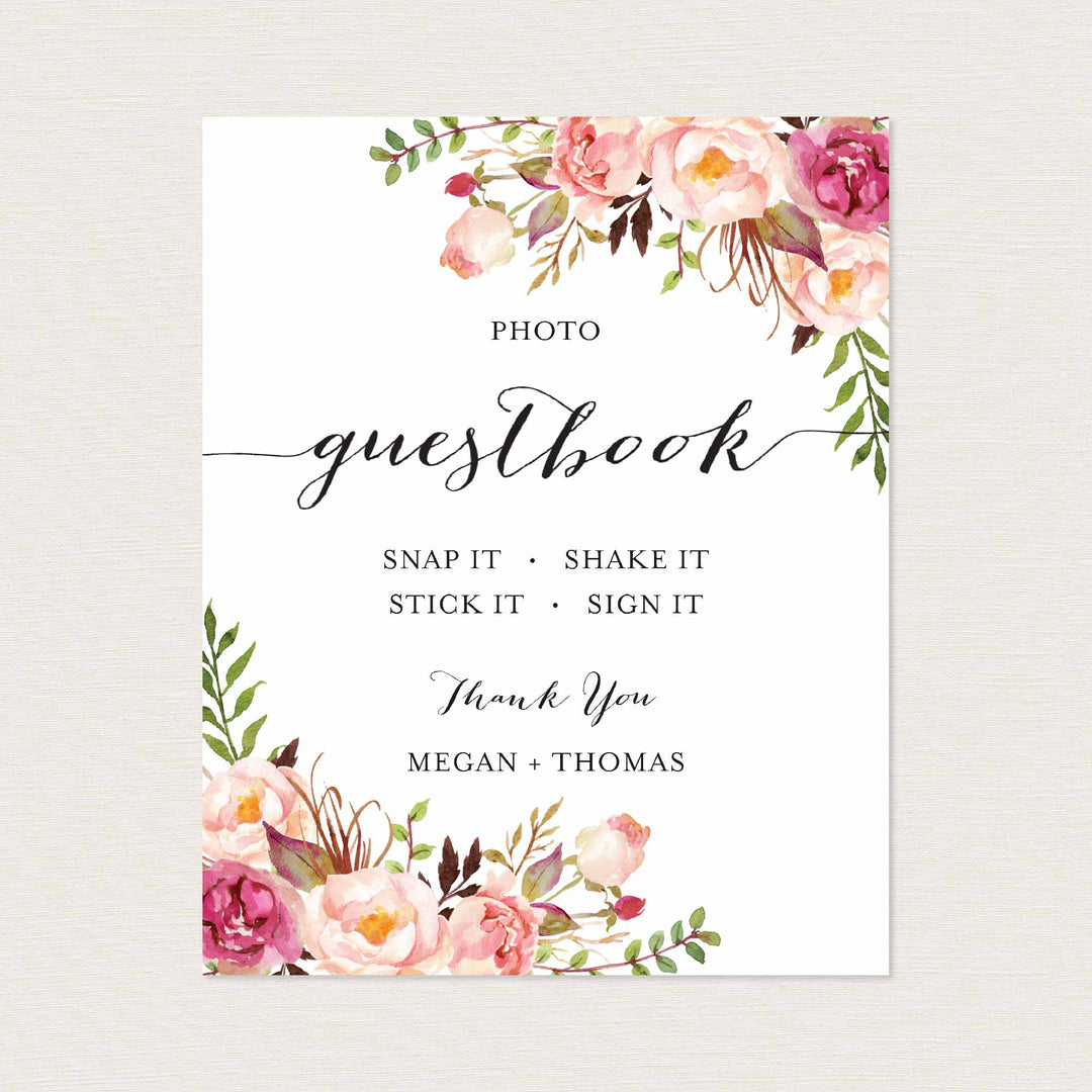 Pink Floral Wedding Photo Guestbook Sign Printable
