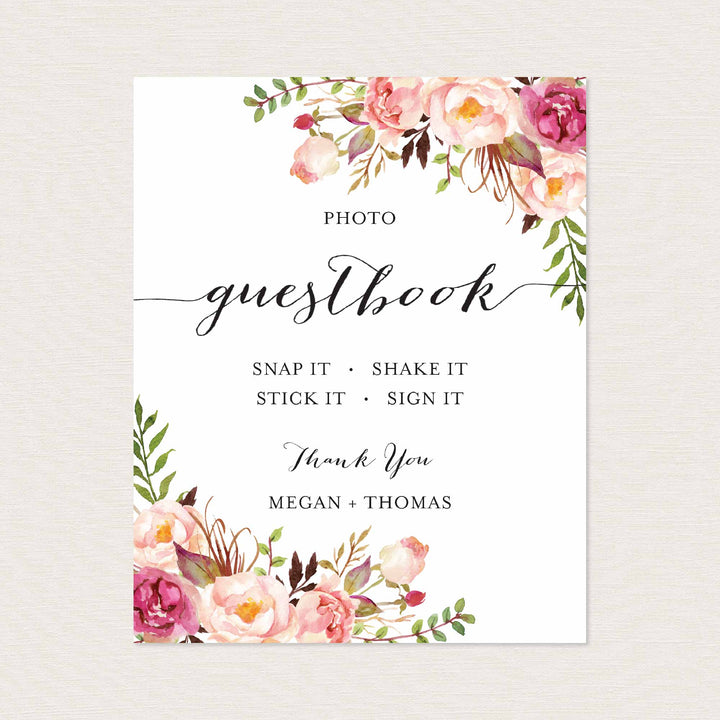 Pink Floral Wedding Photo Guestbook Sign Printable