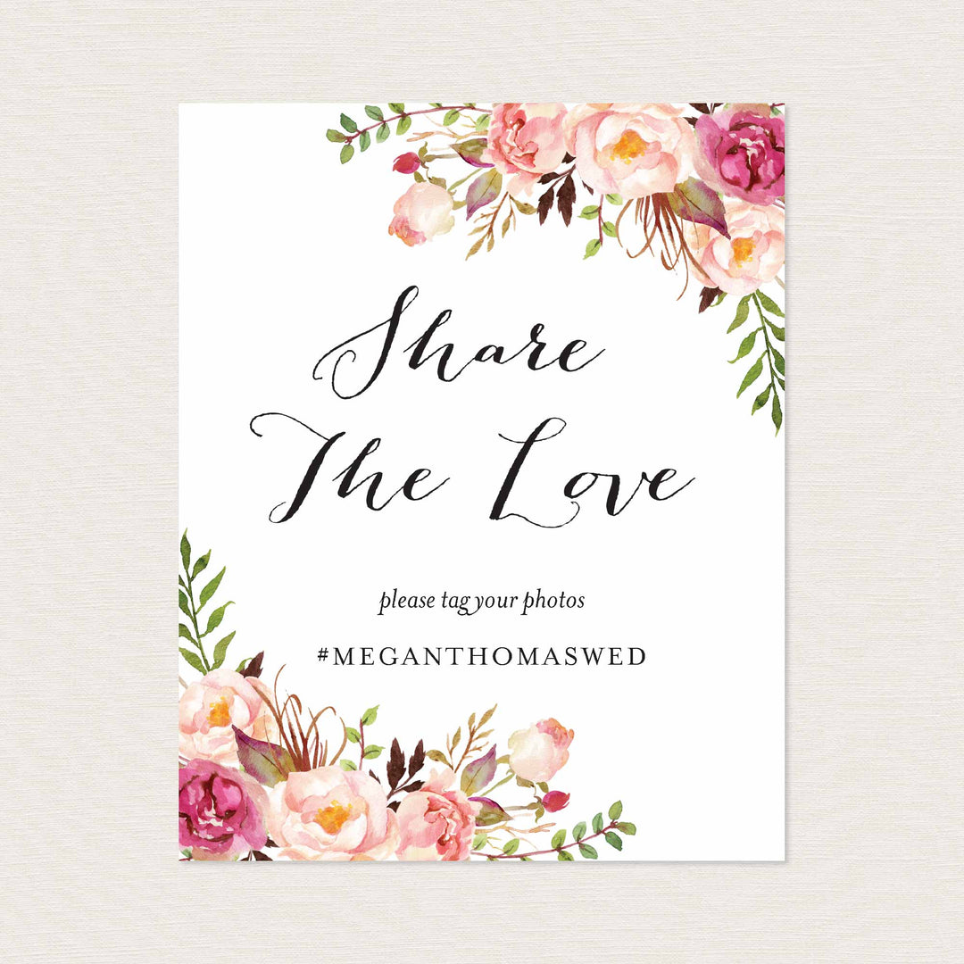 Pink Floral Wedding Hashtag Sign Printable