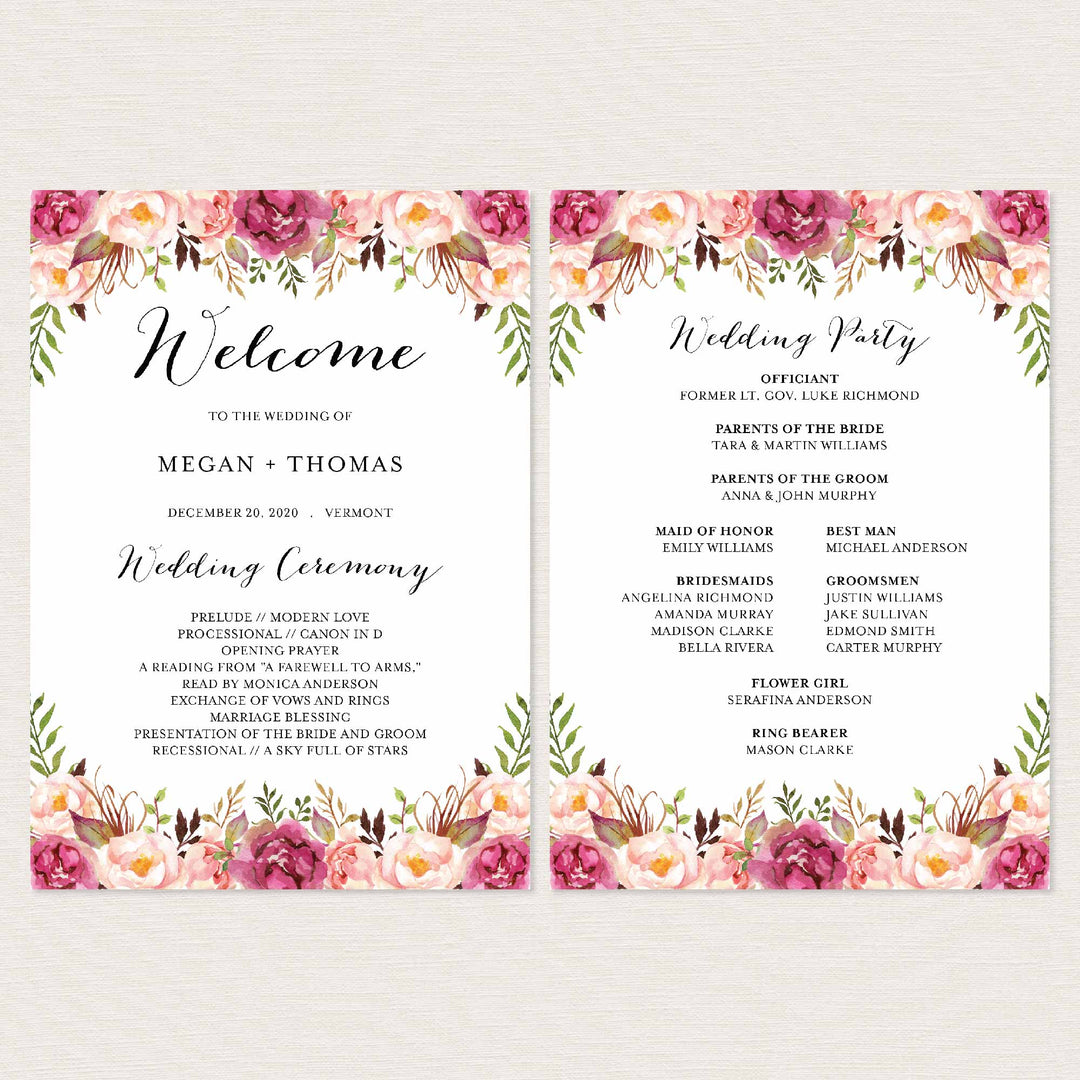 Pink Floral Fan Wedding Program Printable
