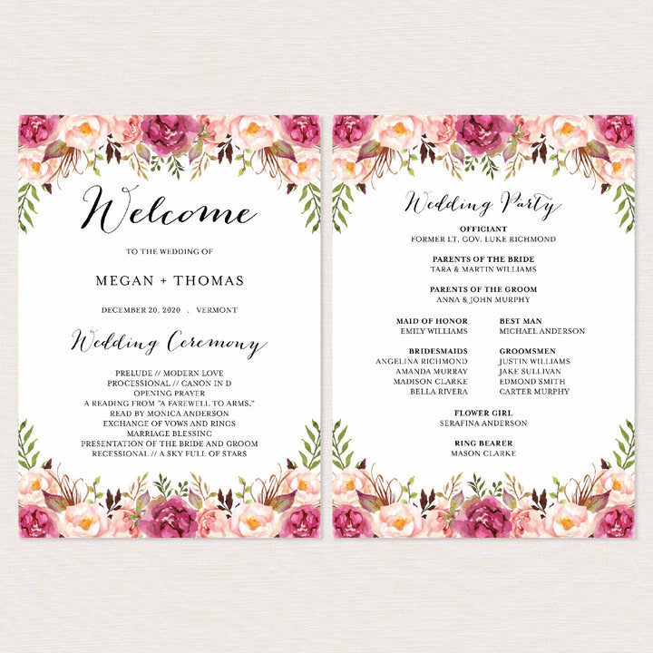 Pink Floral Fan Wedding Program Printable