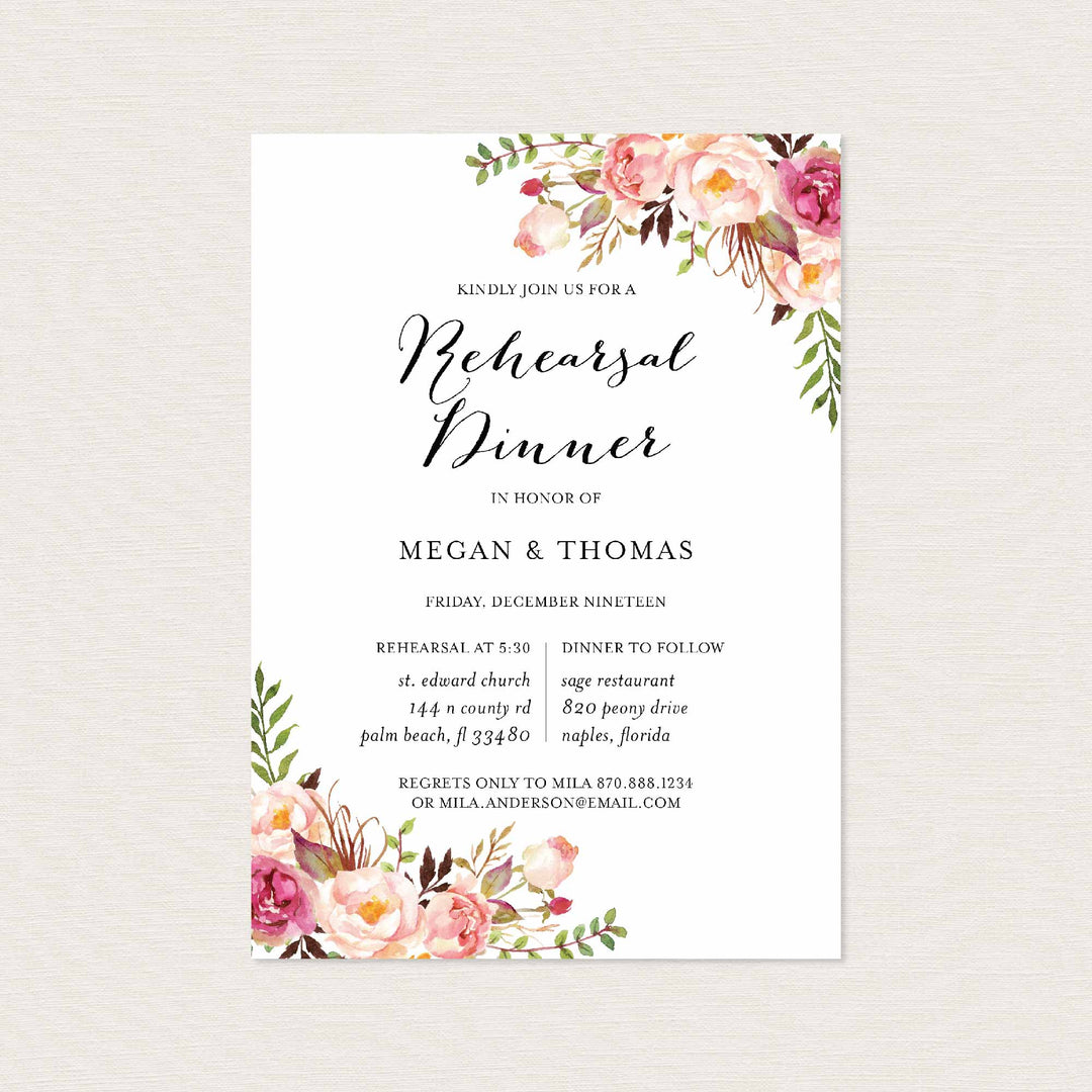 Pink Floral Wedding Rehearsal Dinner Invitation Printable