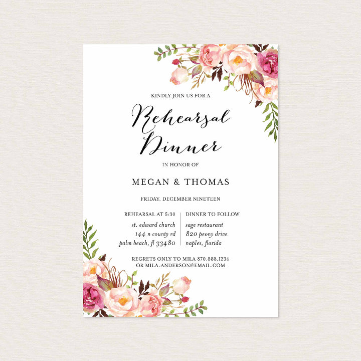 Pink Floral Wedding Rehearsal Dinner Invitation Printable