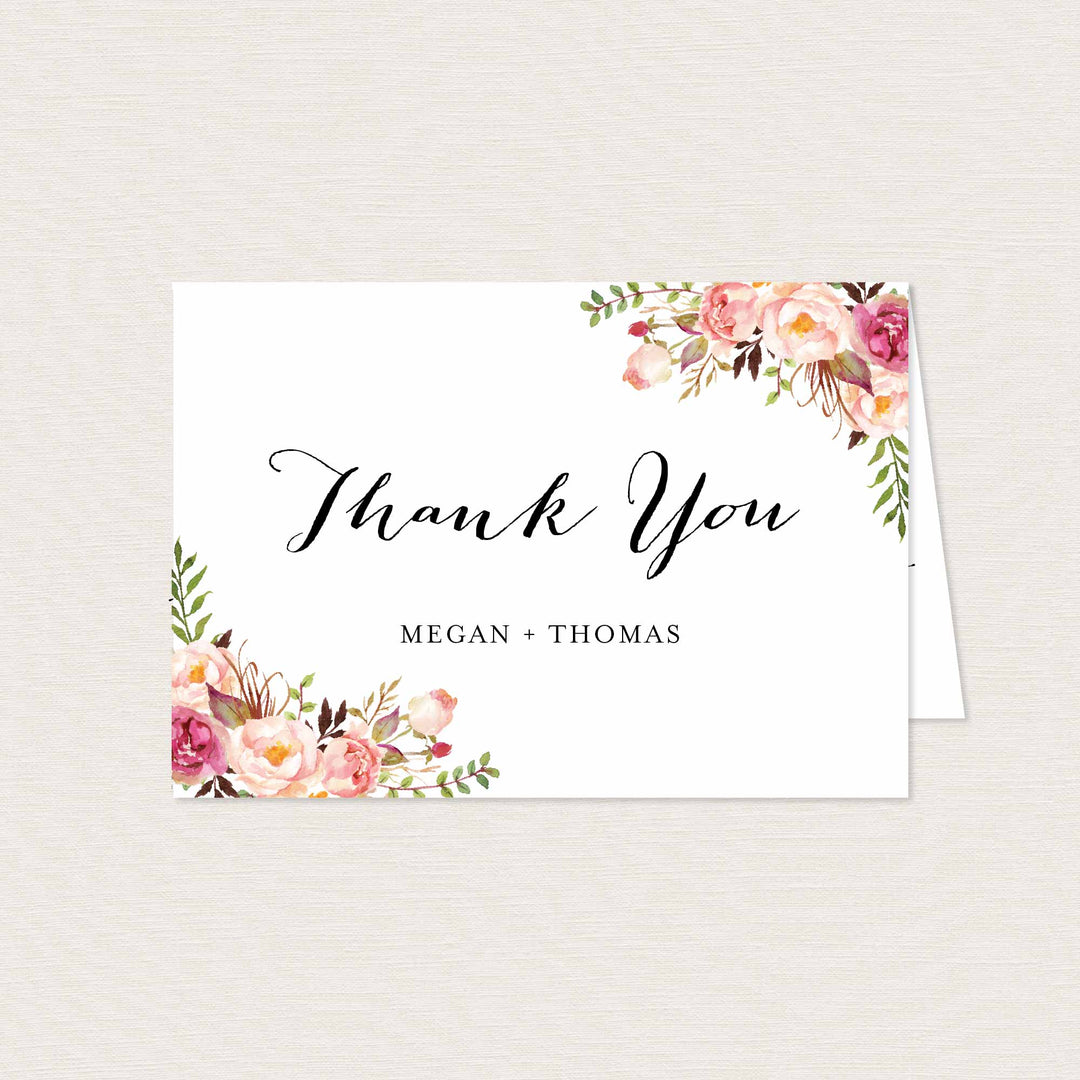 Pink Floral Wedding Thank You Card Printable
