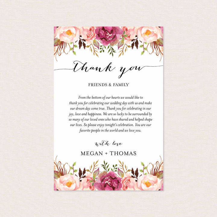 Pink Floral Wedding Thank You Note Printable
