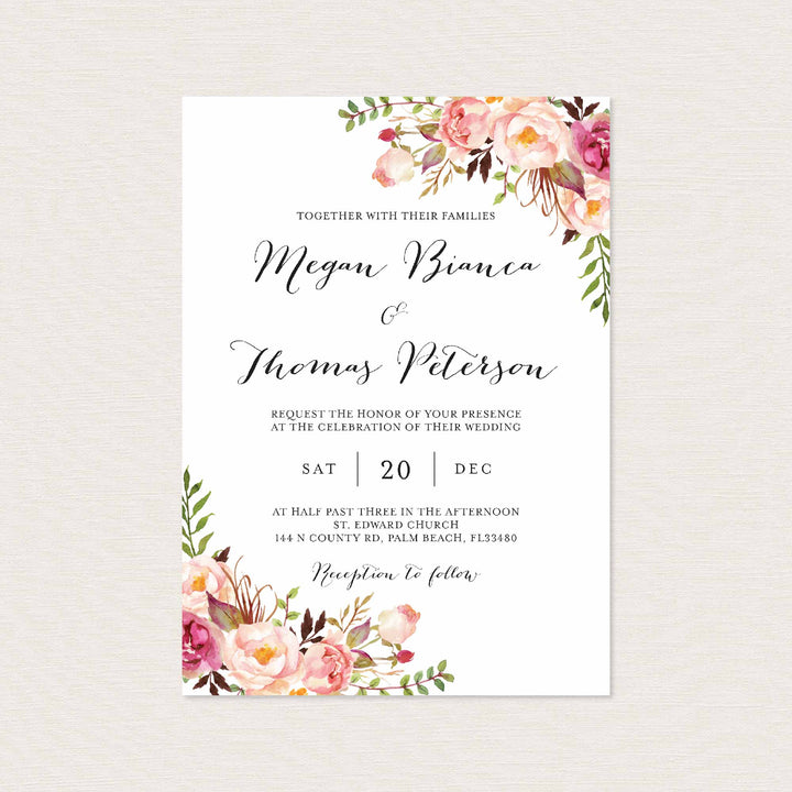 Pink Floral Wedding Invitation Printable