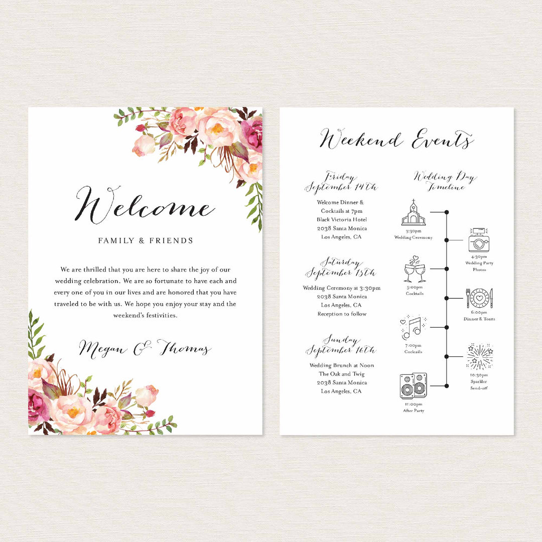 Pink Floral Wedding Welcome Bag Letter and Timeline or Itineraries Printable
