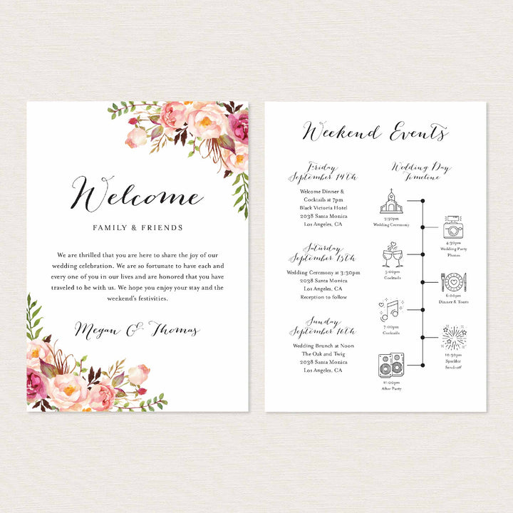 Pink Floral Wedding Welcome Bag Letter and Timeline or Itineraries Printable