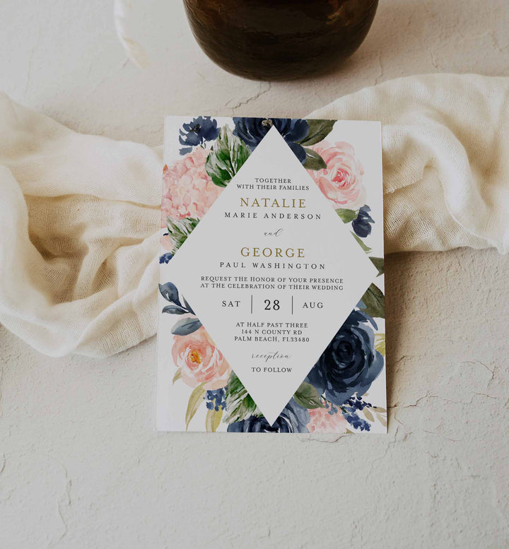 Navy Blush Wedding Invitation Printable