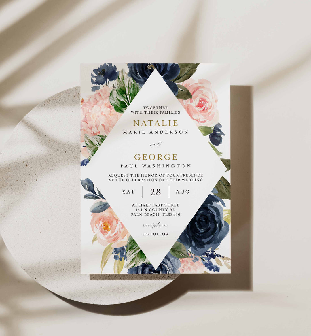 Navy Blush Wedding Invitation Printable