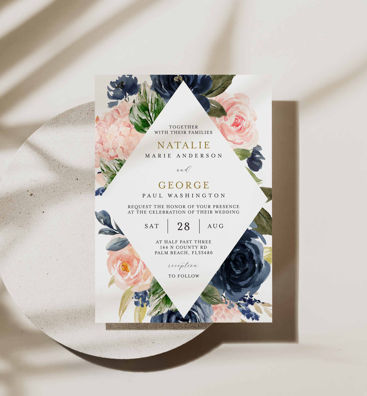 Navy Blush Wedding Invitation Printable
