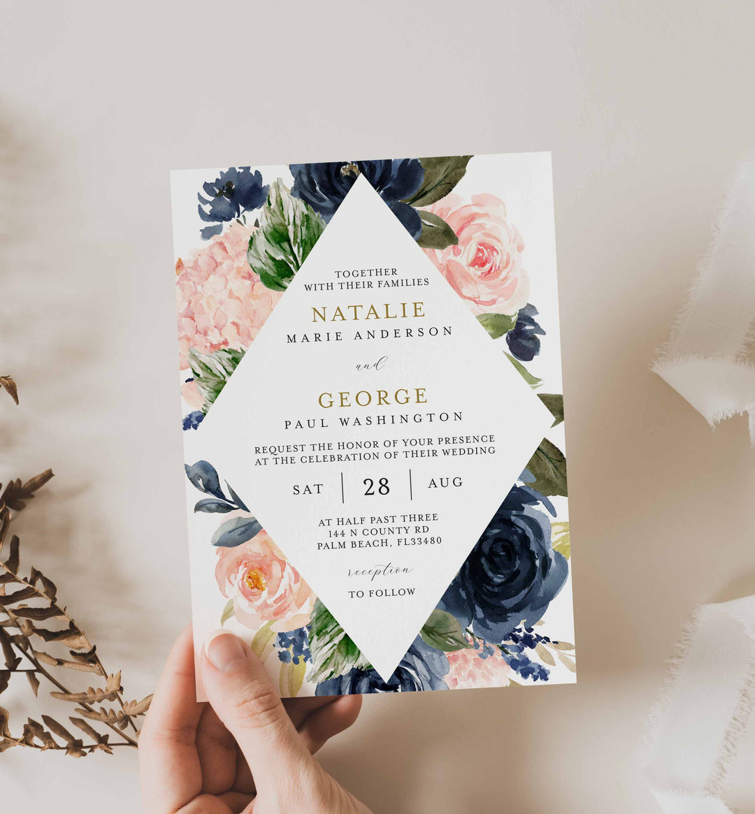 Navy Blush Wedding Invitation Printable