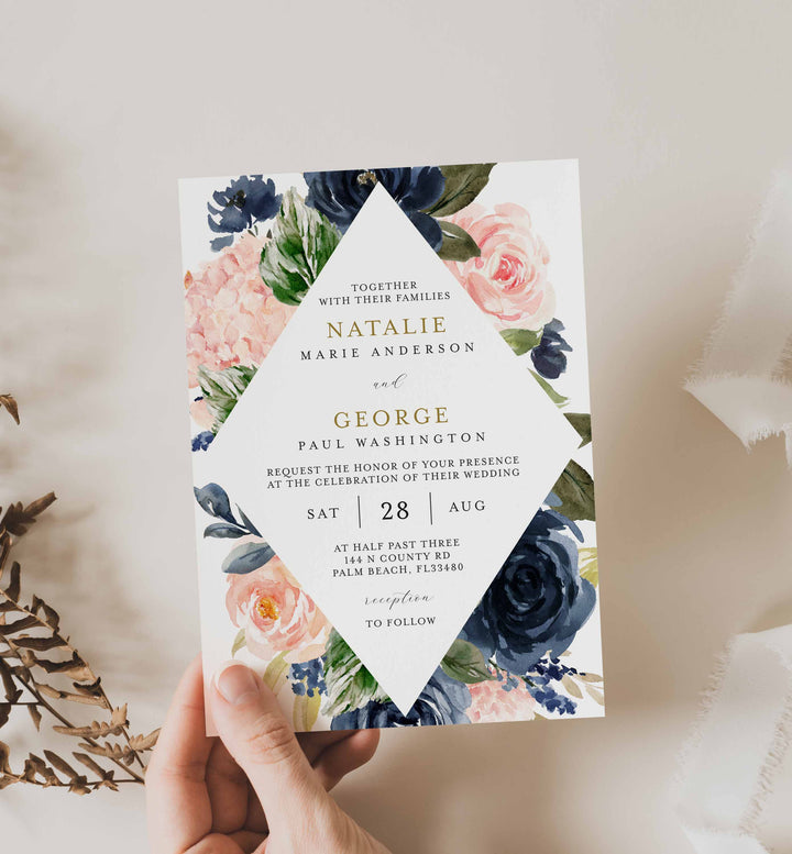 Navy Blush Wedding Invitation Printable