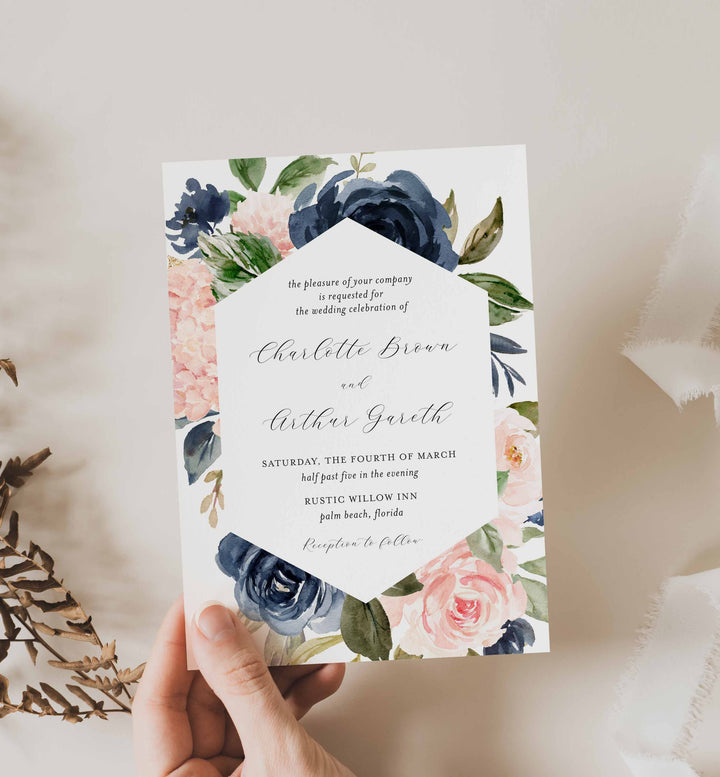 Navy Blush Wedding Invitation Printable