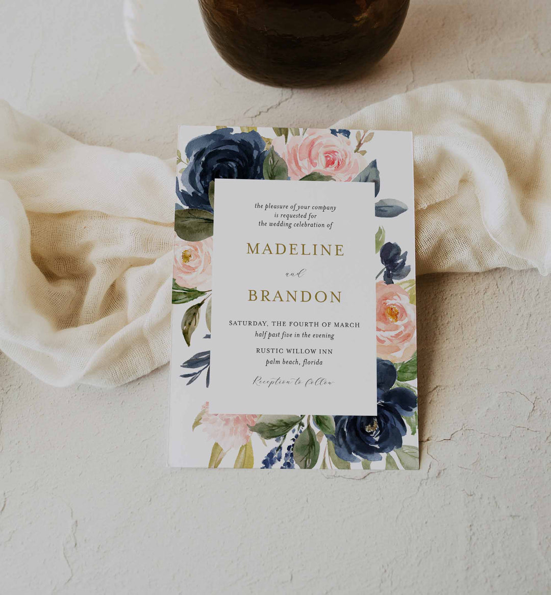Navy Blush Wedding Invitation Printable