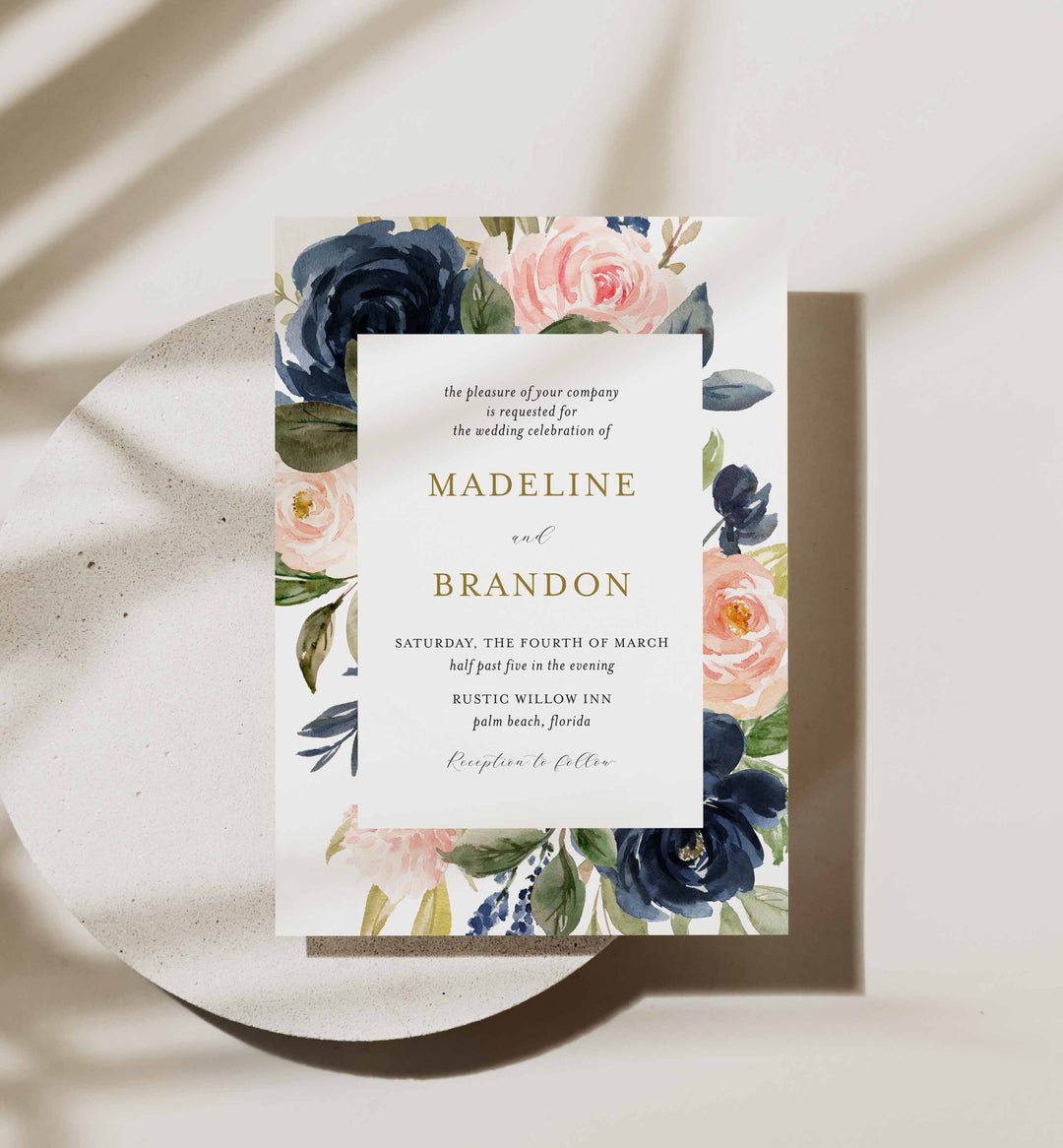 Navy Blush Wedding Invitation Printable