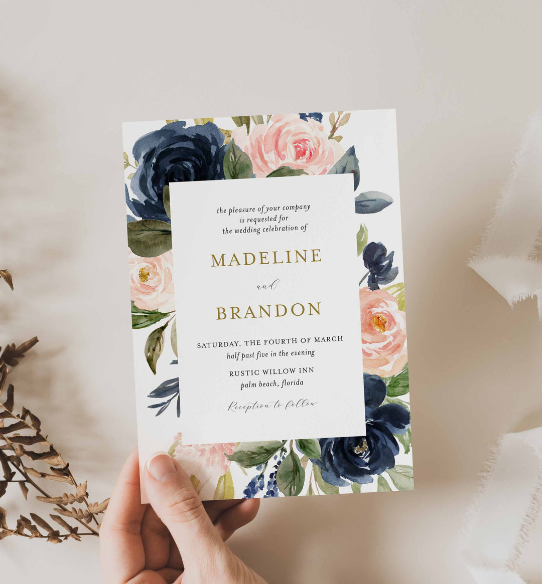 Navy Blush Wedding Invitation Printable