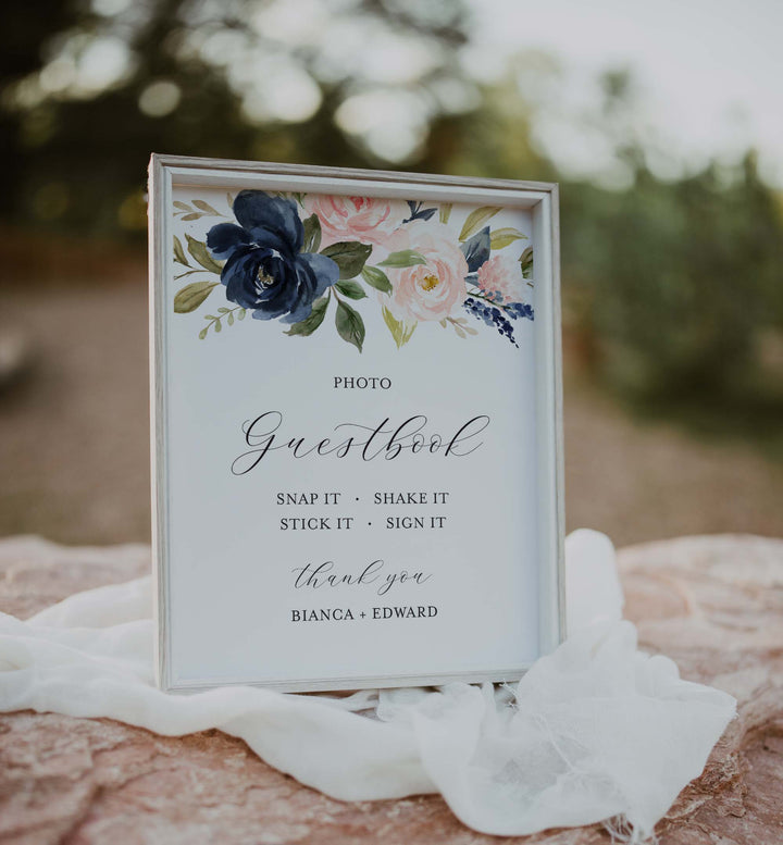 Navy Blush Wedding Photo Guestbook Sign Printable