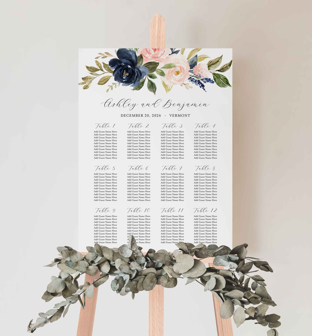 Navy Blush Wedding Seating Chart Sign Printable