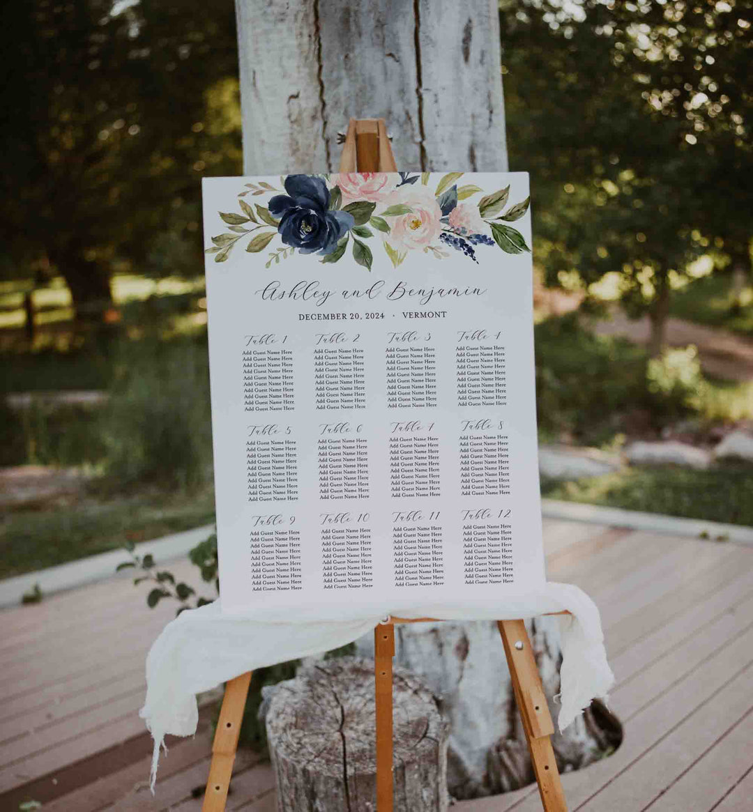 Navy Blush Wedding Seating Chart Sign Printable