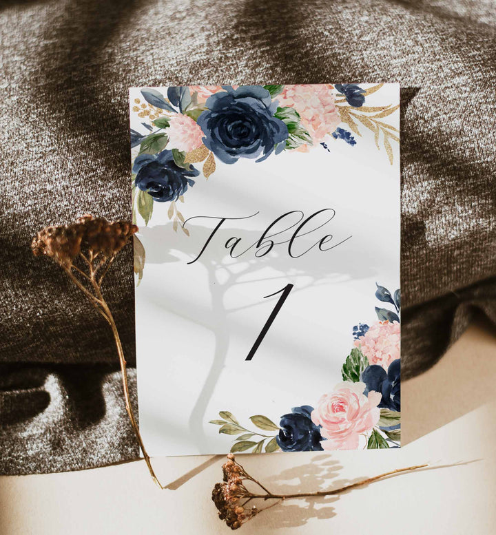 Navy Blush Wedding Table Number Printable