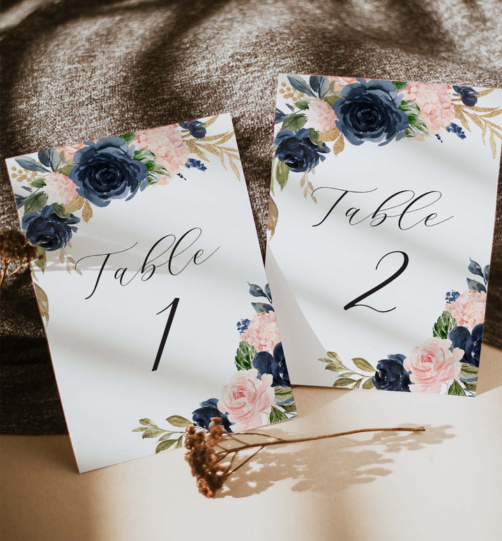 Navy Blush Wedding Table Number Printable