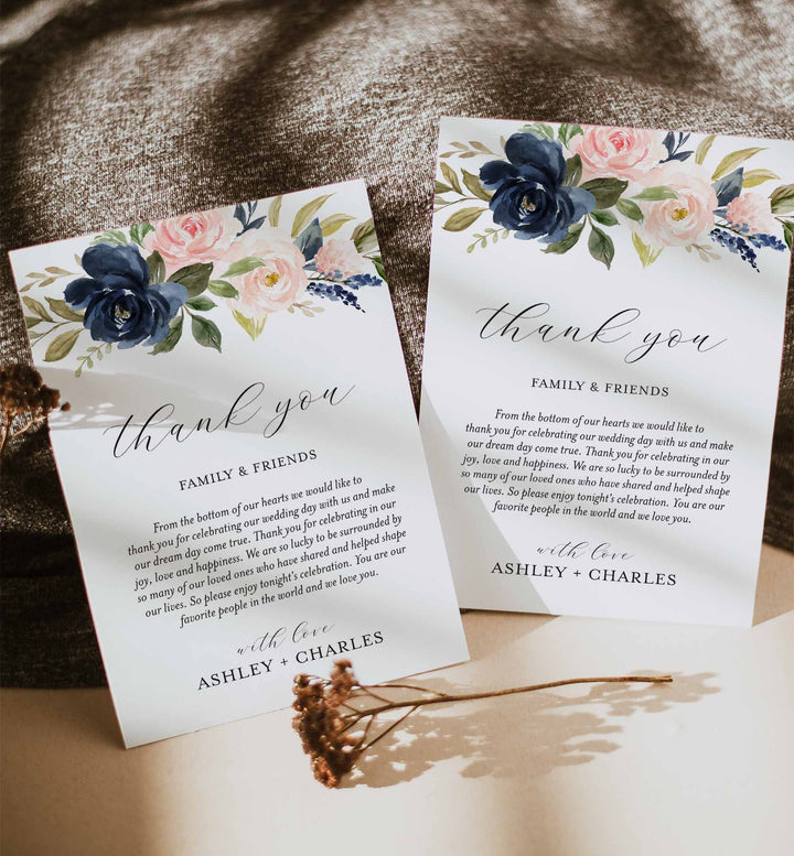 Navy Blush Wedding Thank You Note Printable