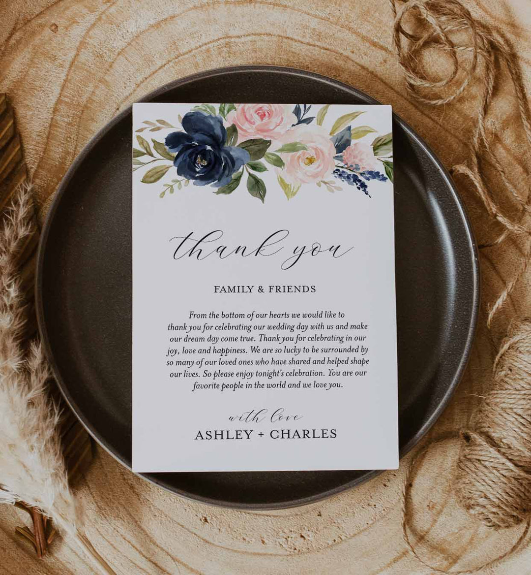 Navy Blush Wedding Thank You Note Printable
