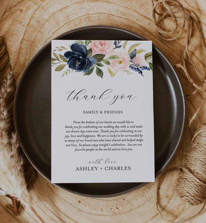 Navy Blush Wedding Thank You Note Printable
