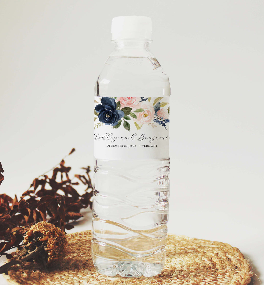 Navy Blush Wedding Water Bottle Label Printable