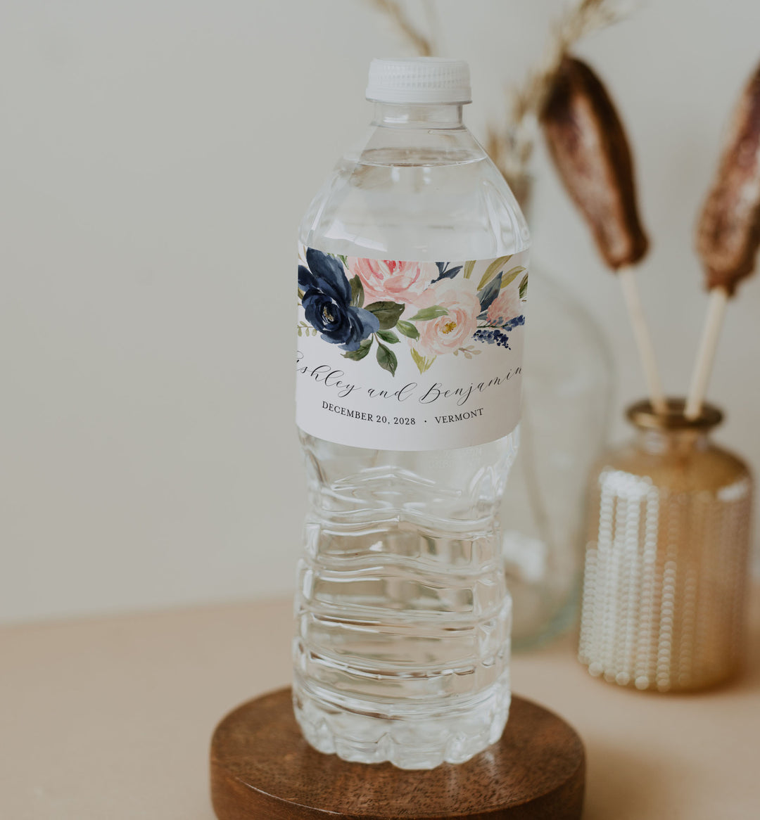 Navy Blush Wedding Water Bottle Label Printable