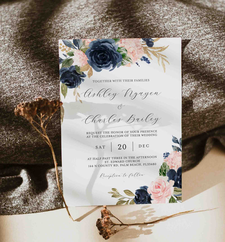 Navy Blush Wedding Invitation Printable