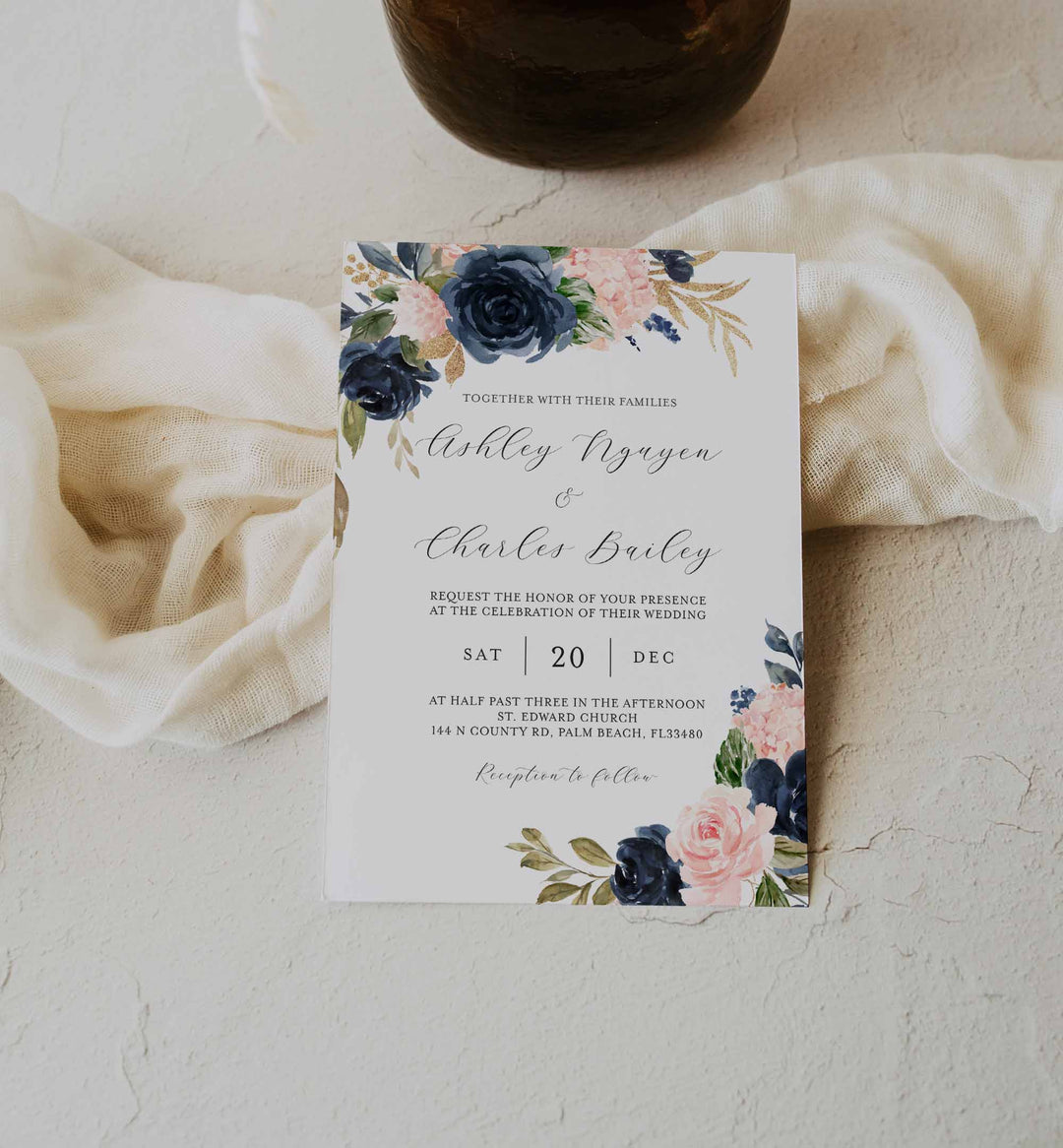 Navy Blush Wedding Invitation Printable