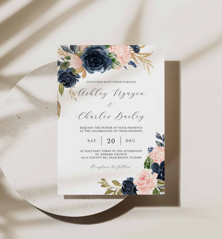 Navy Blush Wedding Invitation Printable